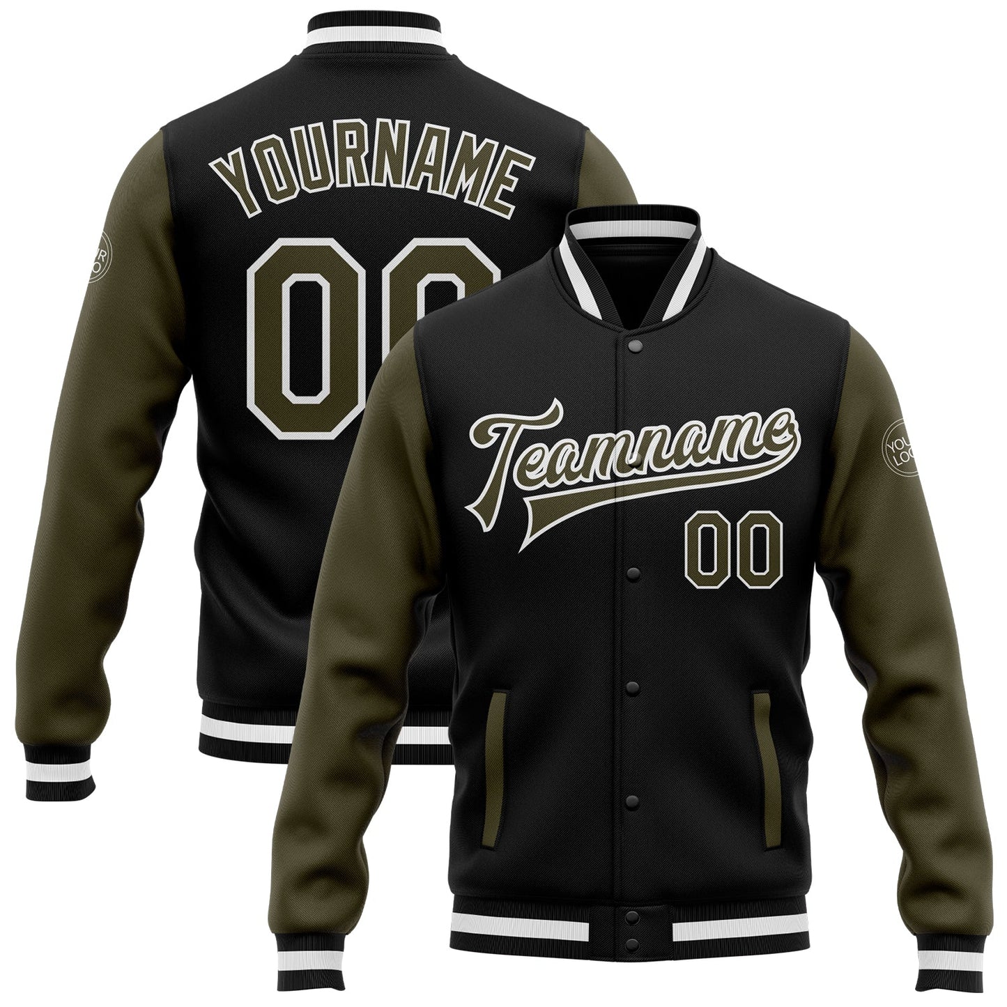 Custom Black Olive-White Bomber Full-Snap Varsity Letterman Two Tone Jacket - Main View
