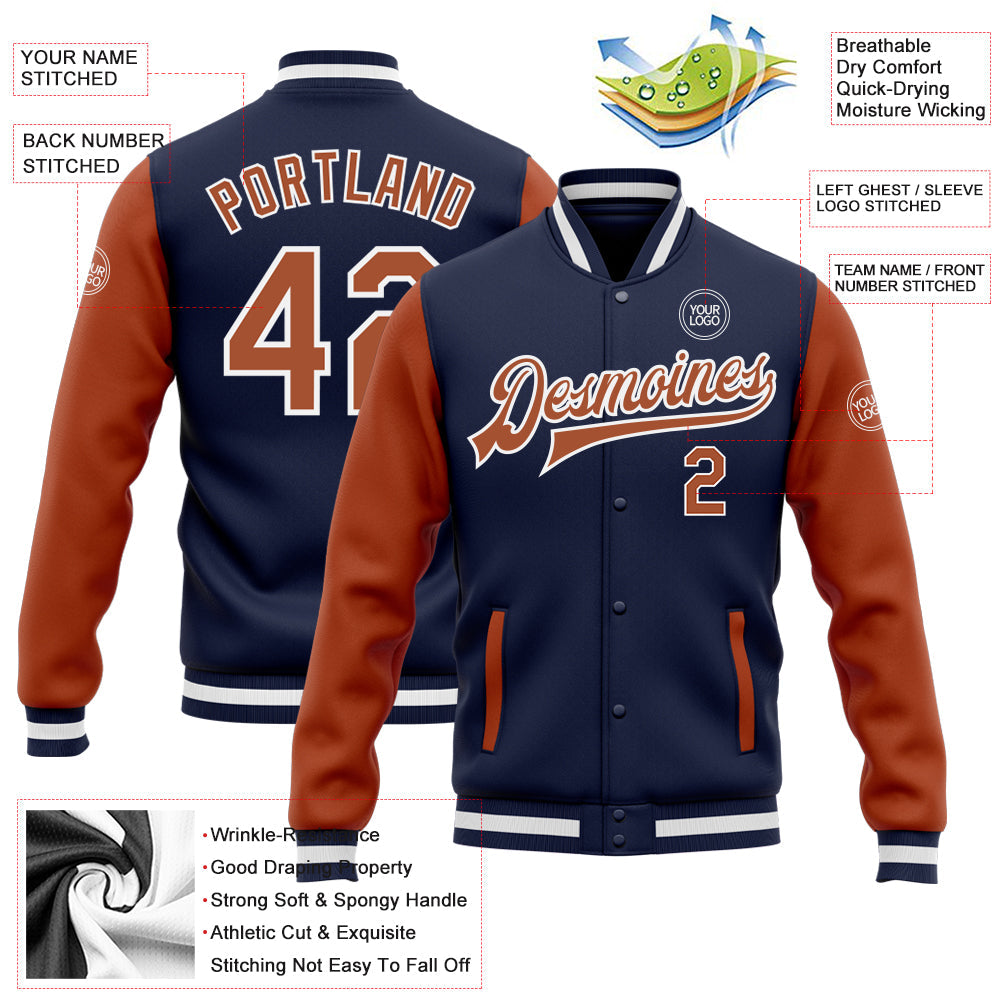 Custom Navy Texas Orange-White Bomber Full-Snap Varsity Letterman Two Tone Jacket view 5
