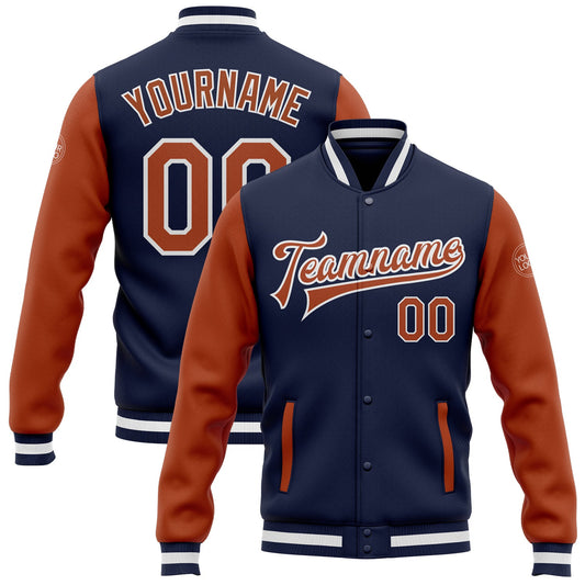 Custom Navy Texas Orange-White Bomber Full-Snap Varsity Letterman Two Tone Jacket - Main View