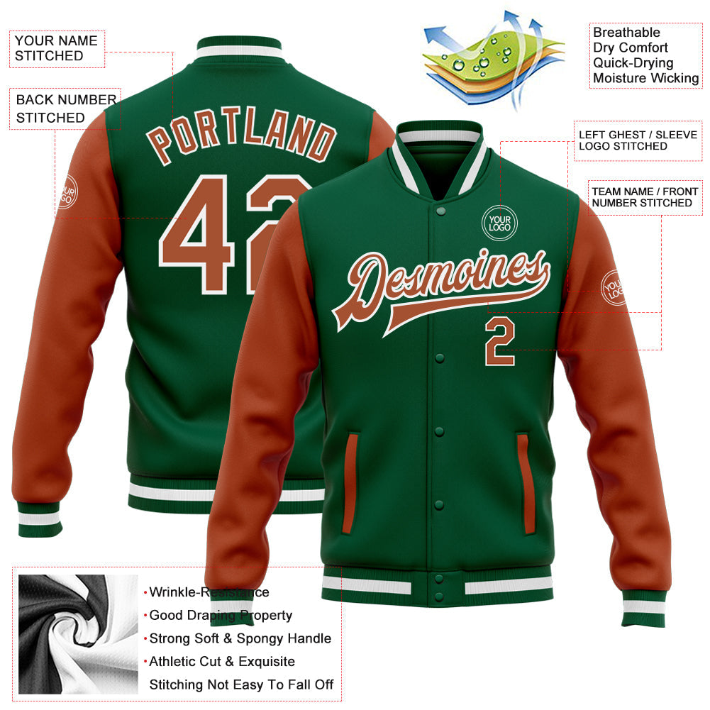 Custom Kelly Green Texas Orange-White Bomber Full-Snap Varsity Letterman Two Tone Jacket view 5