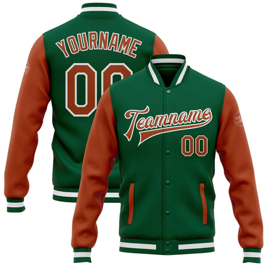 Custom Kelly Green Texas Orange-White Bomber Full-Snap Varsity Letterman Two Tone Jacket - Main View