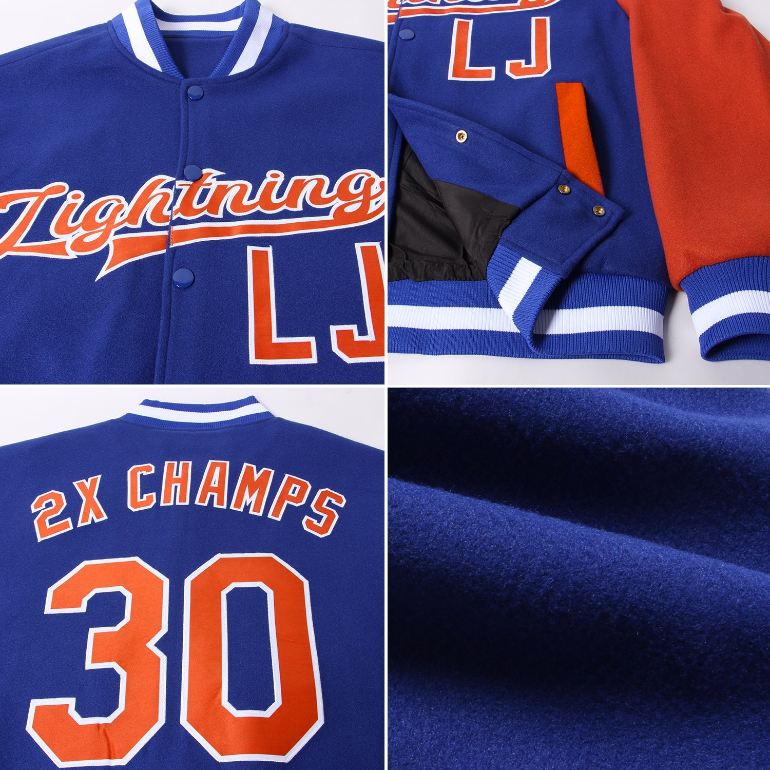 Custom Royal Texas Orange-White Bomber Full-Snap Varsity Letterman Two Tone Jacket view 4