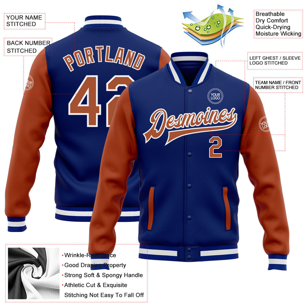 Custom Royal Texas Orange-White Bomber Full-Snap Varsity Letterman Two Tone Jacket view 5