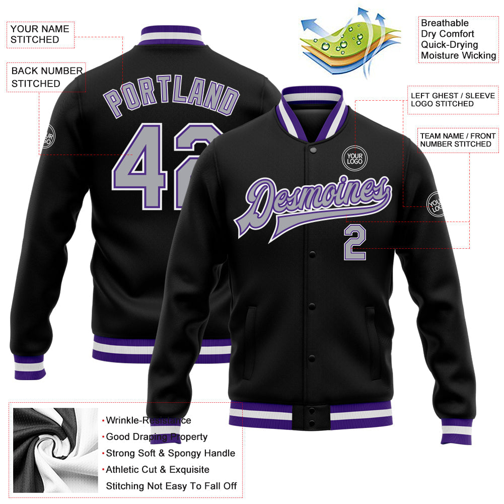 Custom Black Gray-Purple Bomber Full-Snap Varsity Letterman Jacket view 5