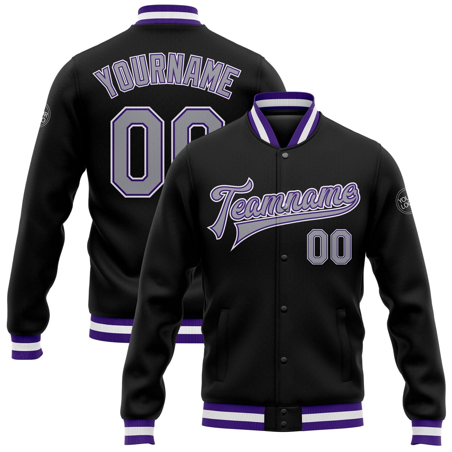 Custom Black Gray-Purple Bomber Full-Snap Varsity Letterman Jacket - Main View