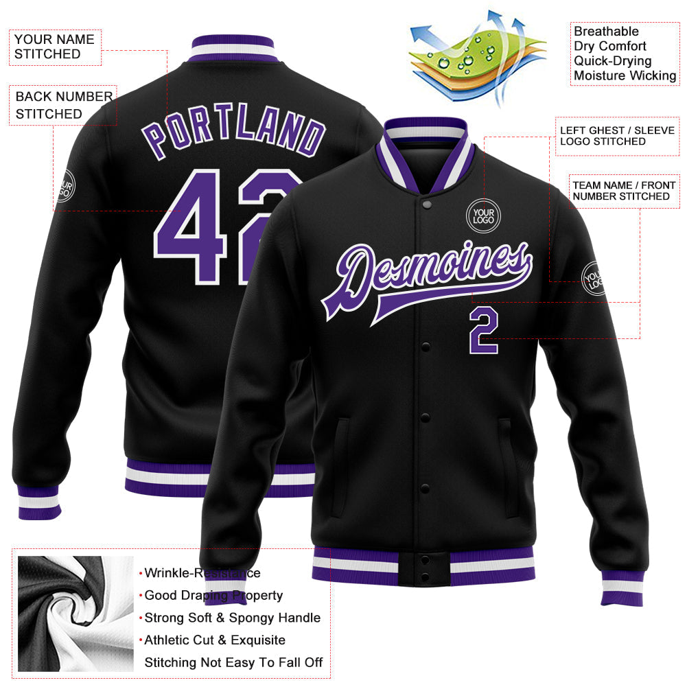 Custom Black Purple-White Bomber Full-Snap Varsity Letterman Jacket view 5