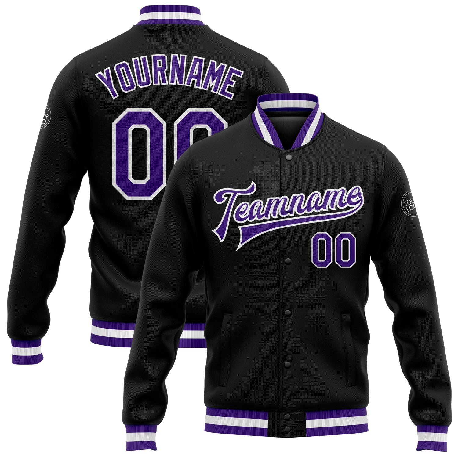 Custom Black Purple-White Bomber Full-Snap Varsity Letterman Jacket - Main View