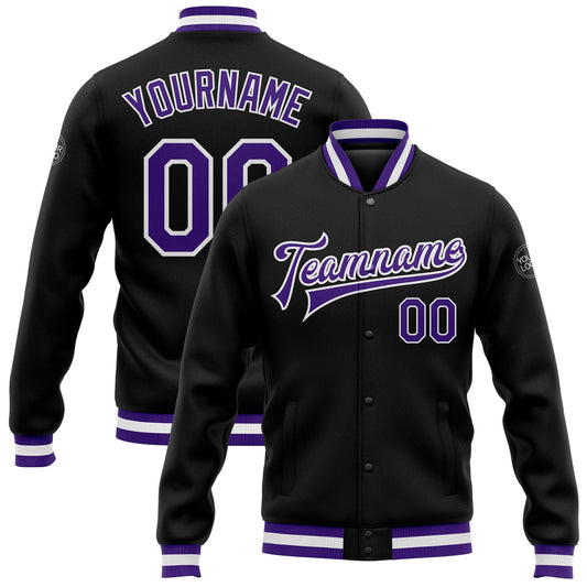 Custom Black Purple-White Bomber Full-Snap Varsity Letterman Jacket - Main View