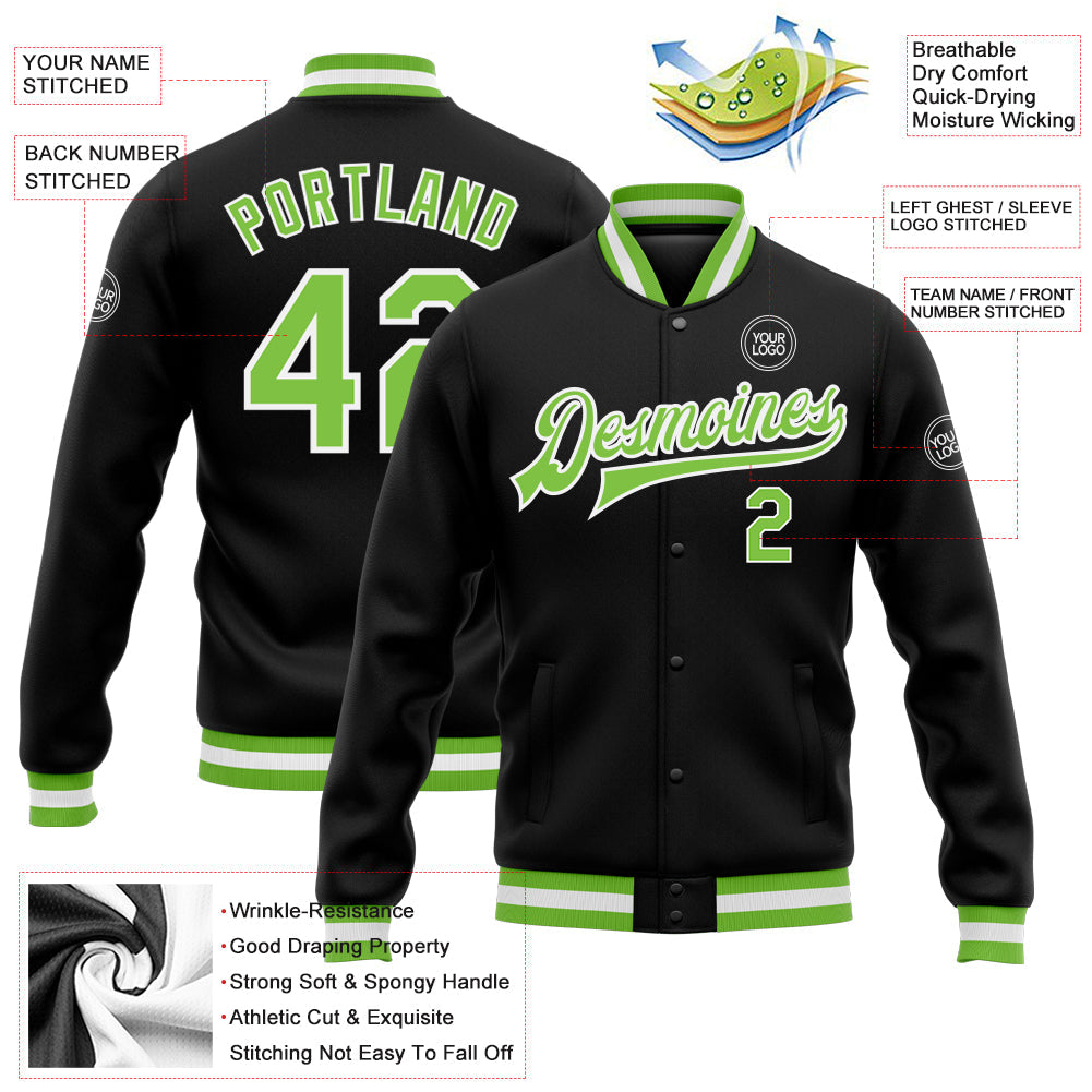 Custom Black Neon Green-White Bomber Full-Snap Varsity Letterman Jacket view 5