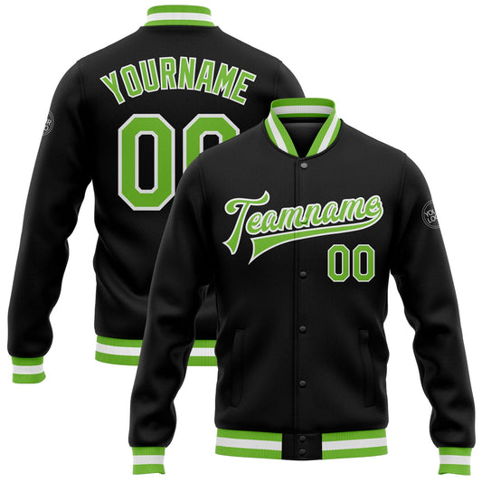 Custom Black Neon Green-White Bomber Full-Snap Varsity Letterman Jacket - Main View
