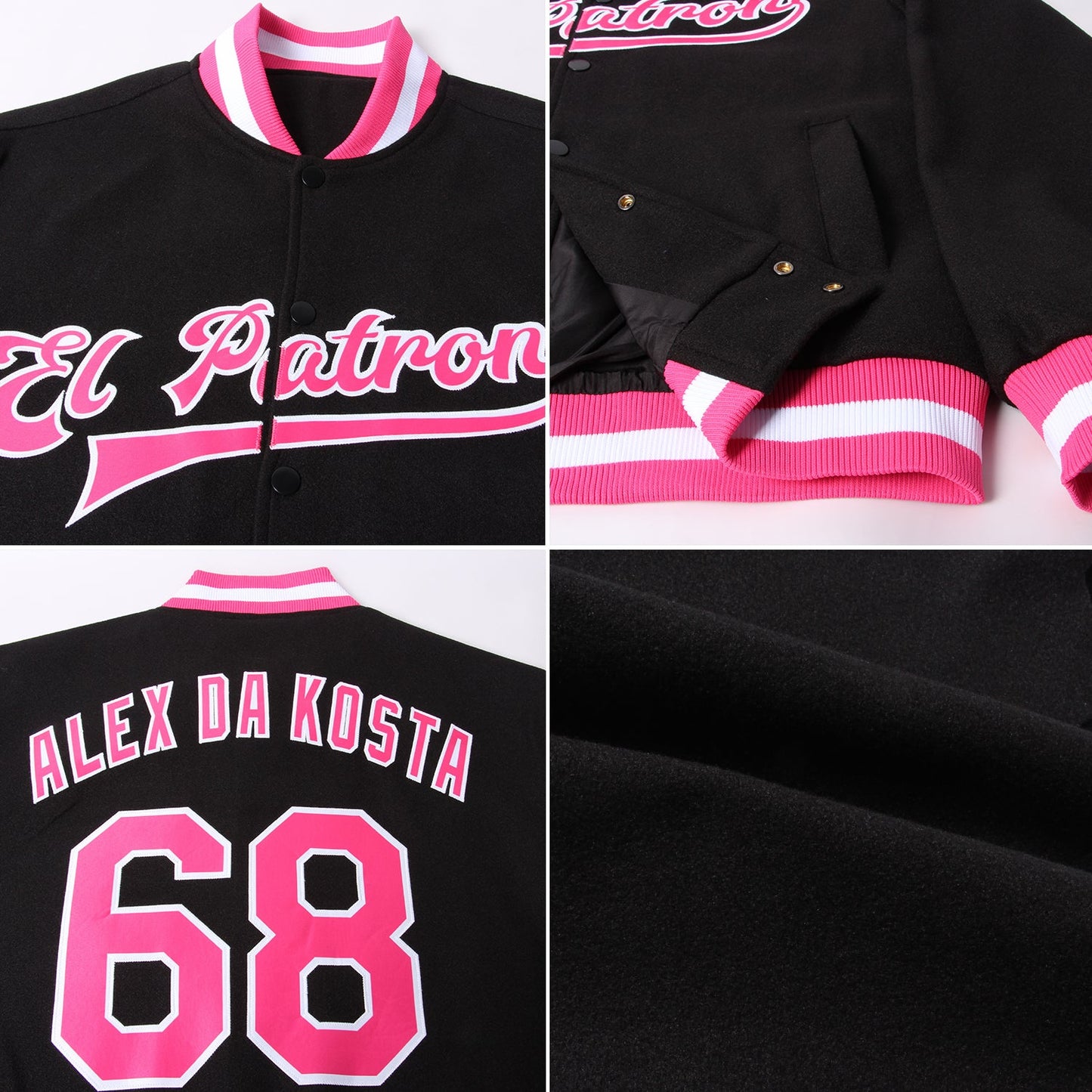Custom Black Pink-White Bomber Full-Snap Varsity Letterman Jacket view 4