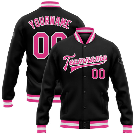 Custom Black Pink-White Bomber Full-Snap Varsity Letterman Jacket - Main View