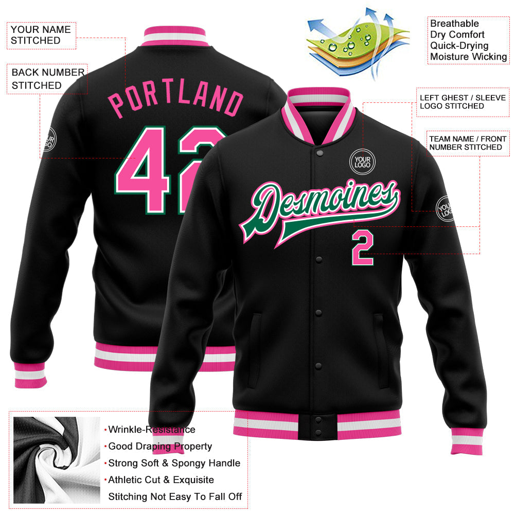 Custom Black Pink-Kelly Green Bomber Full-Snap Varsity Letterman Jacket view 5