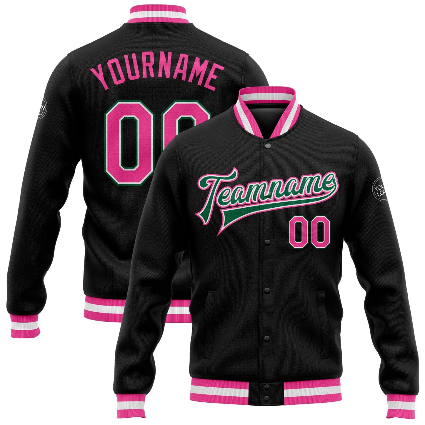 Custom Black Pink-Kelly Green Bomber Full-Snap Varsity Letterman Jacket - Main View