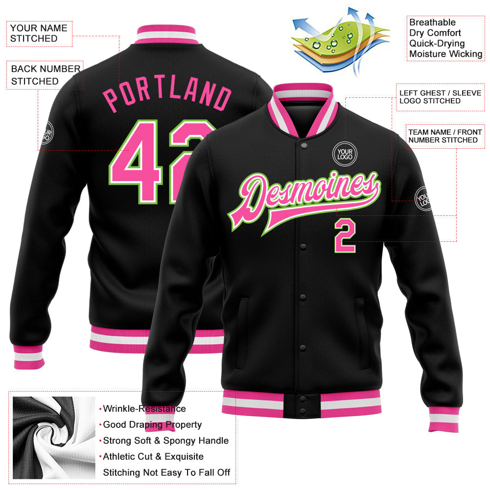 Custom Black Pink-Neon Green Bomber Full-Snap Varsity Letterman Jacket view 5