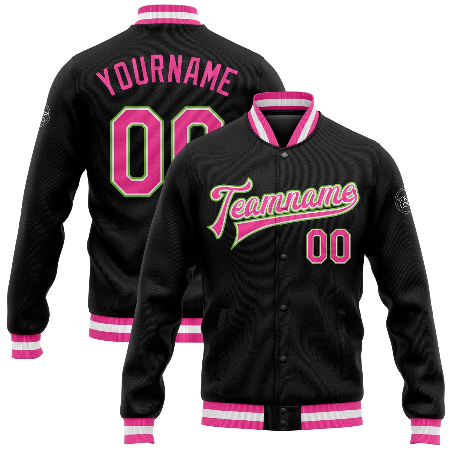 Custom Black Pink-Neon Green Bomber Full-Snap Varsity Letterman Jacket - Main View