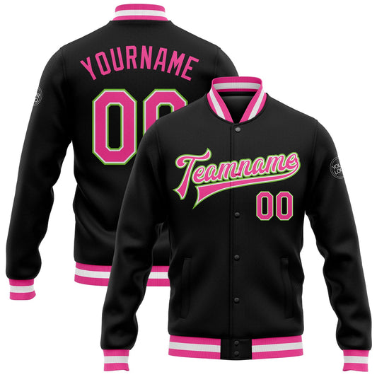 Custom Black Pink-Neon Green Bomber Full-Snap Varsity Letterman Jacket - Main View