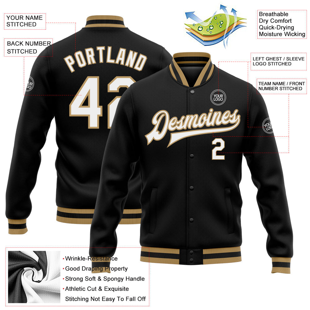 Custom Black White-Old Gold Bomber Full-Snap Varsity Letterman Jacket view 5
