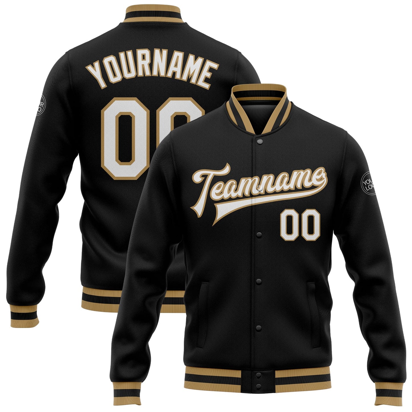 Custom Black White-Old Gold Bomber Full-Snap Varsity Letterman Jacket - Main View