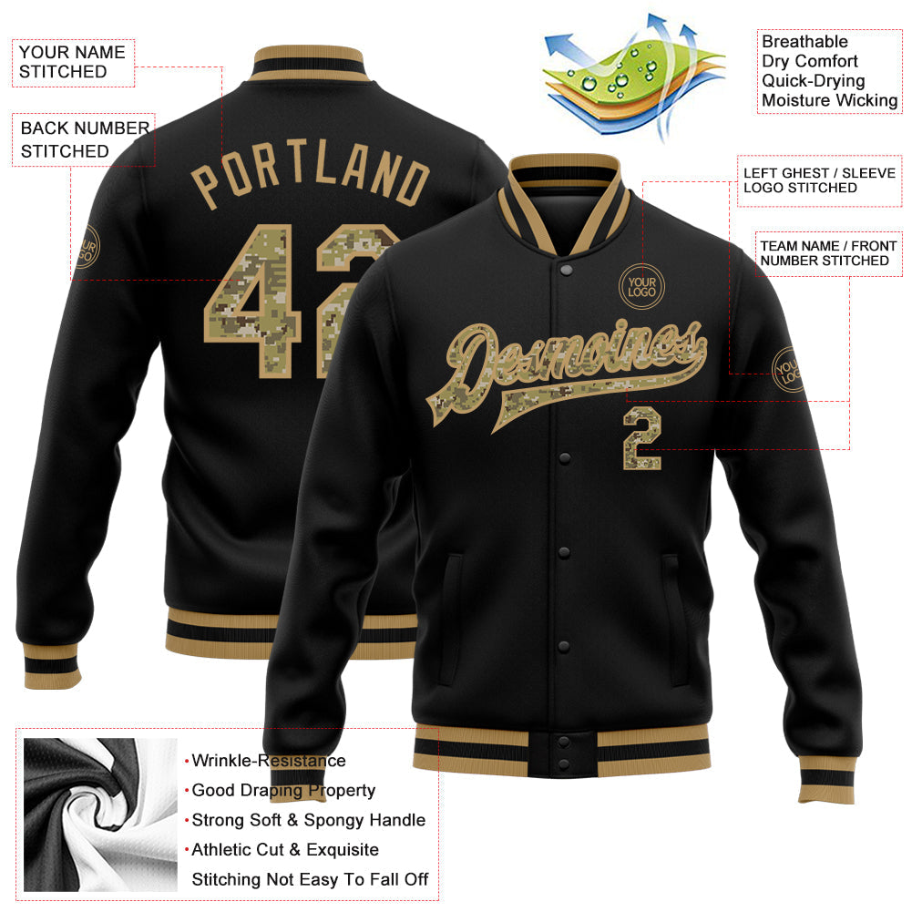 Custom Black Camo-Old Gold Bomber Full-Snap Varsity Letterman Jacket view 5