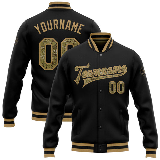 Custom Black Camo-Old Gold Bomber Full-Snap Varsity Letterman Jacket - Main View