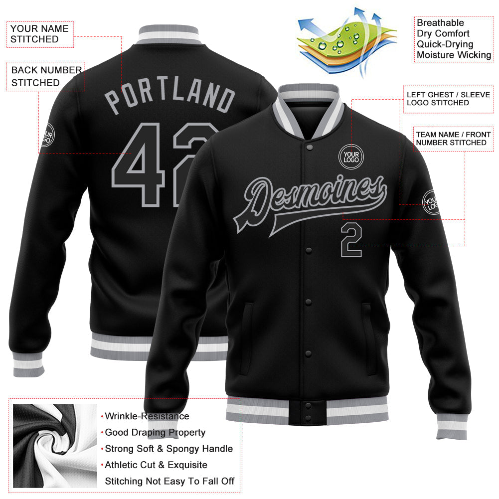 Custom Black Black-Gray Bomber Full-Snap Varsity Letterman Jacket view 5