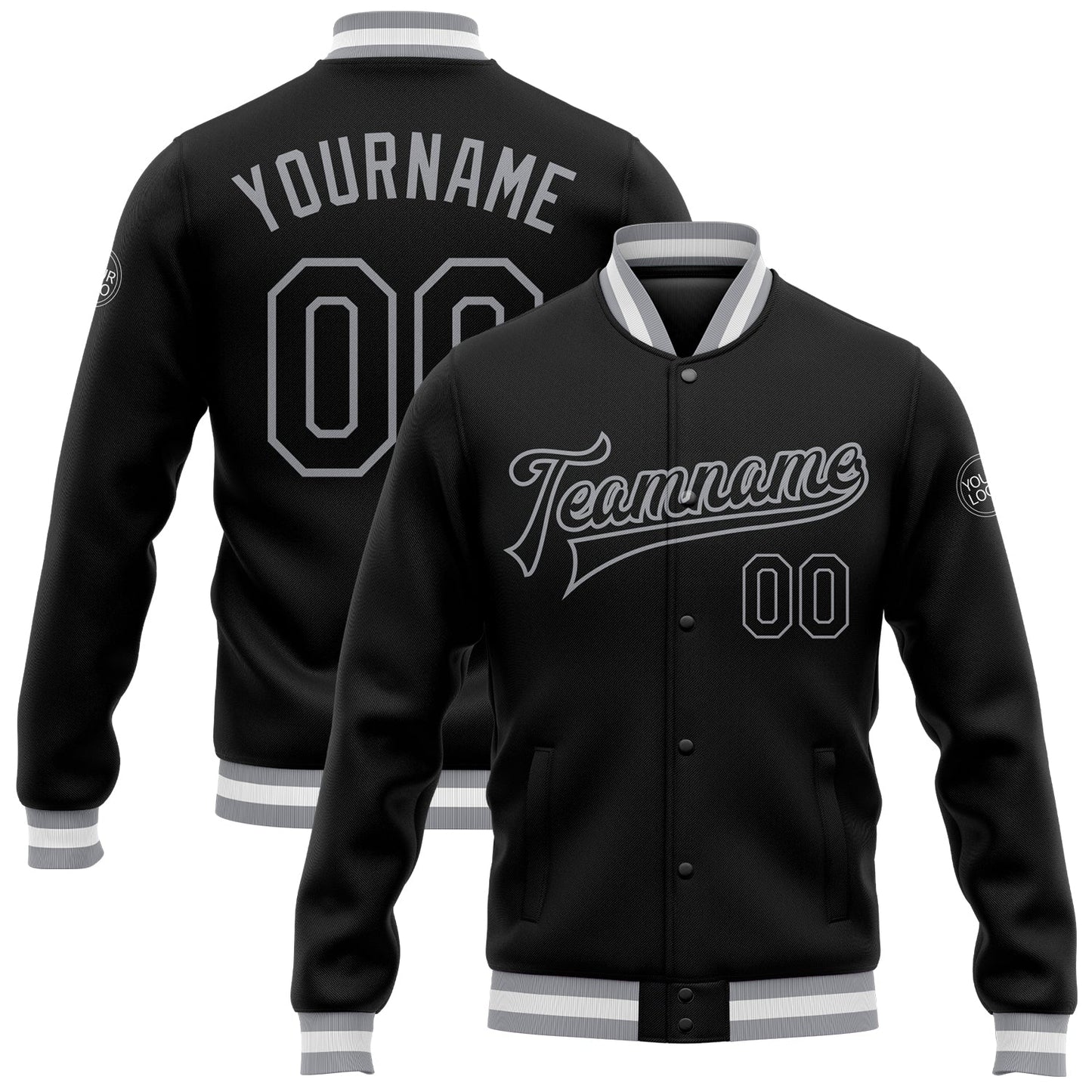 Custom Black Black-Gray Bomber Full-Snap Varsity Letterman Jacket - Main View