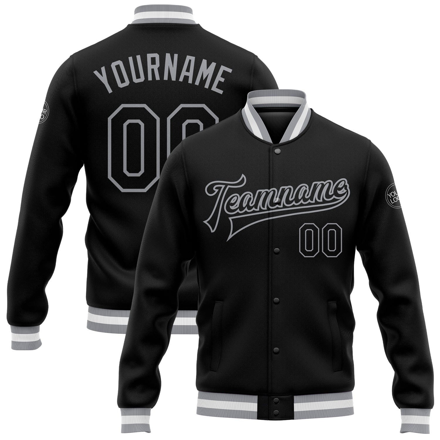 Custom Black Black-Gray Bomber Full-Snap Varsity Letterman Jacket - Main View
