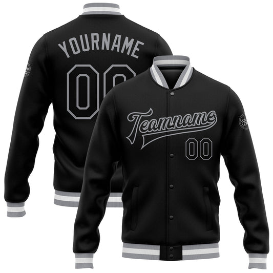 Custom Black Black-Gray Bomber Full-Snap Varsity Letterman Jacket - Main View