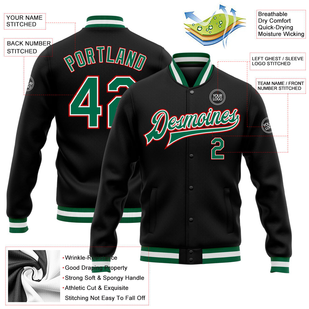 Custom Black Kelly Green-Red Bomber Full-Snap Varsity Letterman Jacket view 5