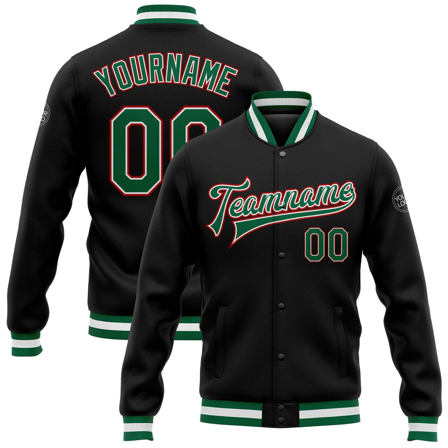 Custom Black Kelly Green-Red Bomber Full-Snap Varsity Letterman Jacket - Main View