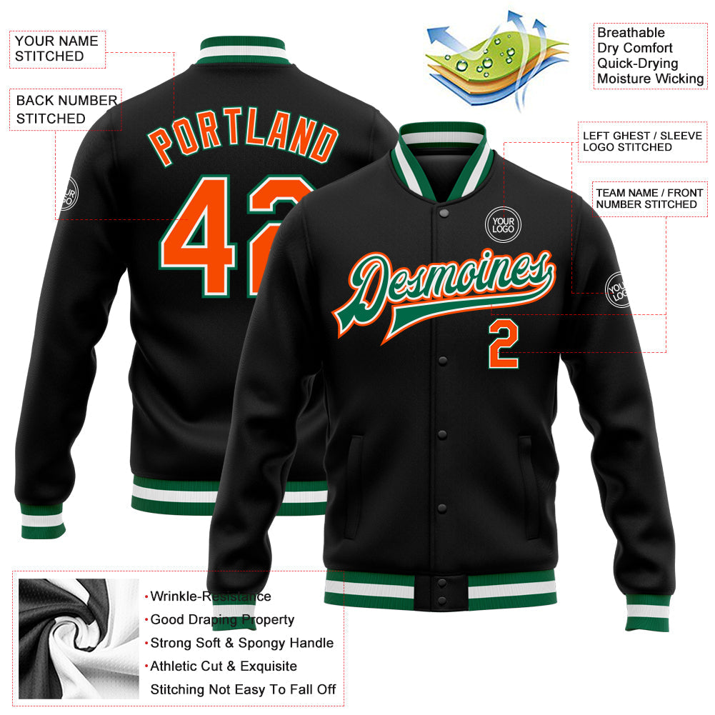 Custom Black Orange-Kelly Green Bomber Full-Snap Varsity Letterman Jacket view 5