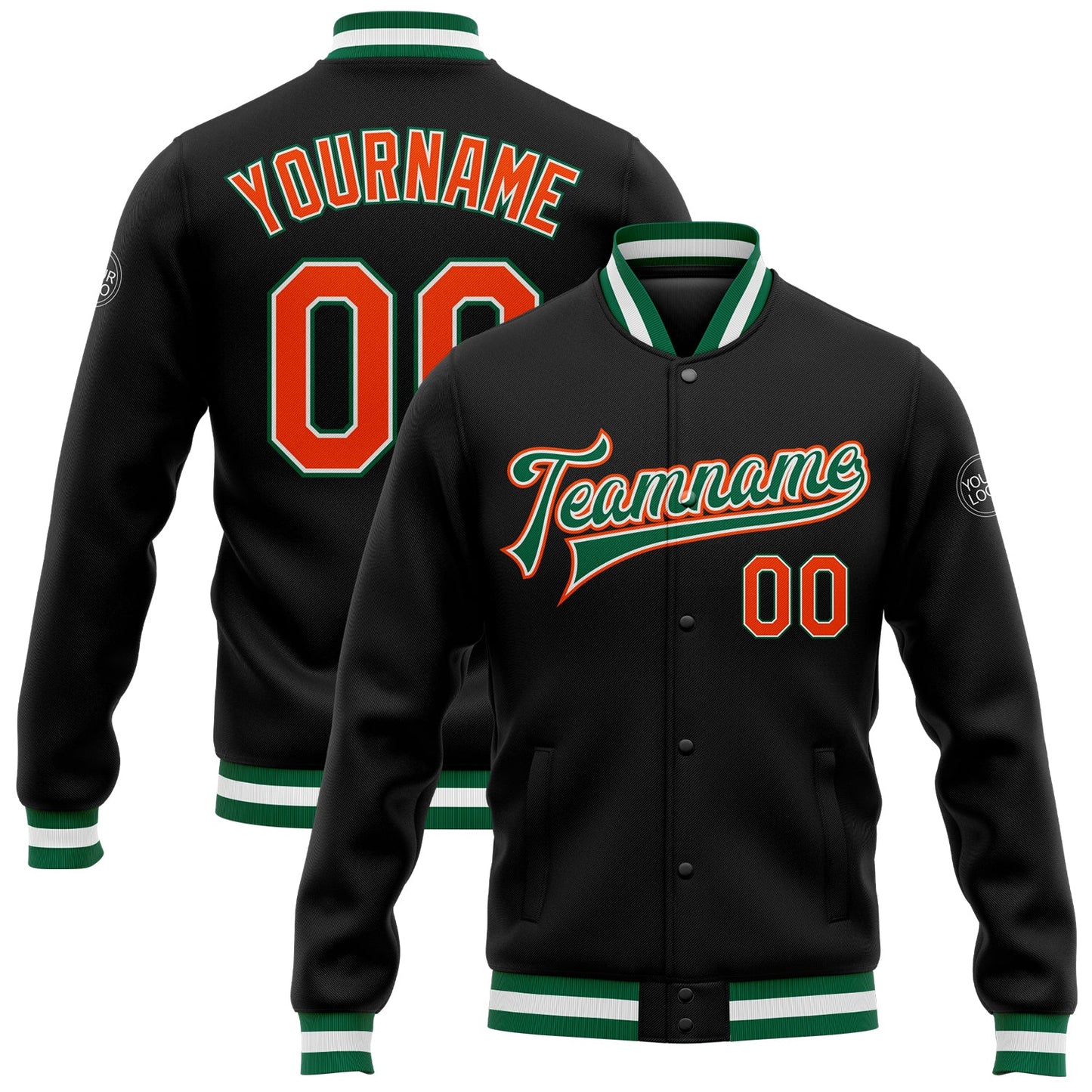 Custom Black Orange-Kelly Green Bomber Full-Snap Varsity Letterman Jacket - Main View
