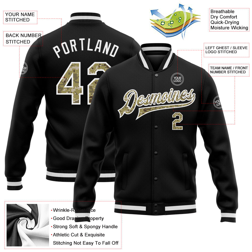 Custom Black Camo-White Bomber Full-Snap Varsity Letterman Jacket view 5