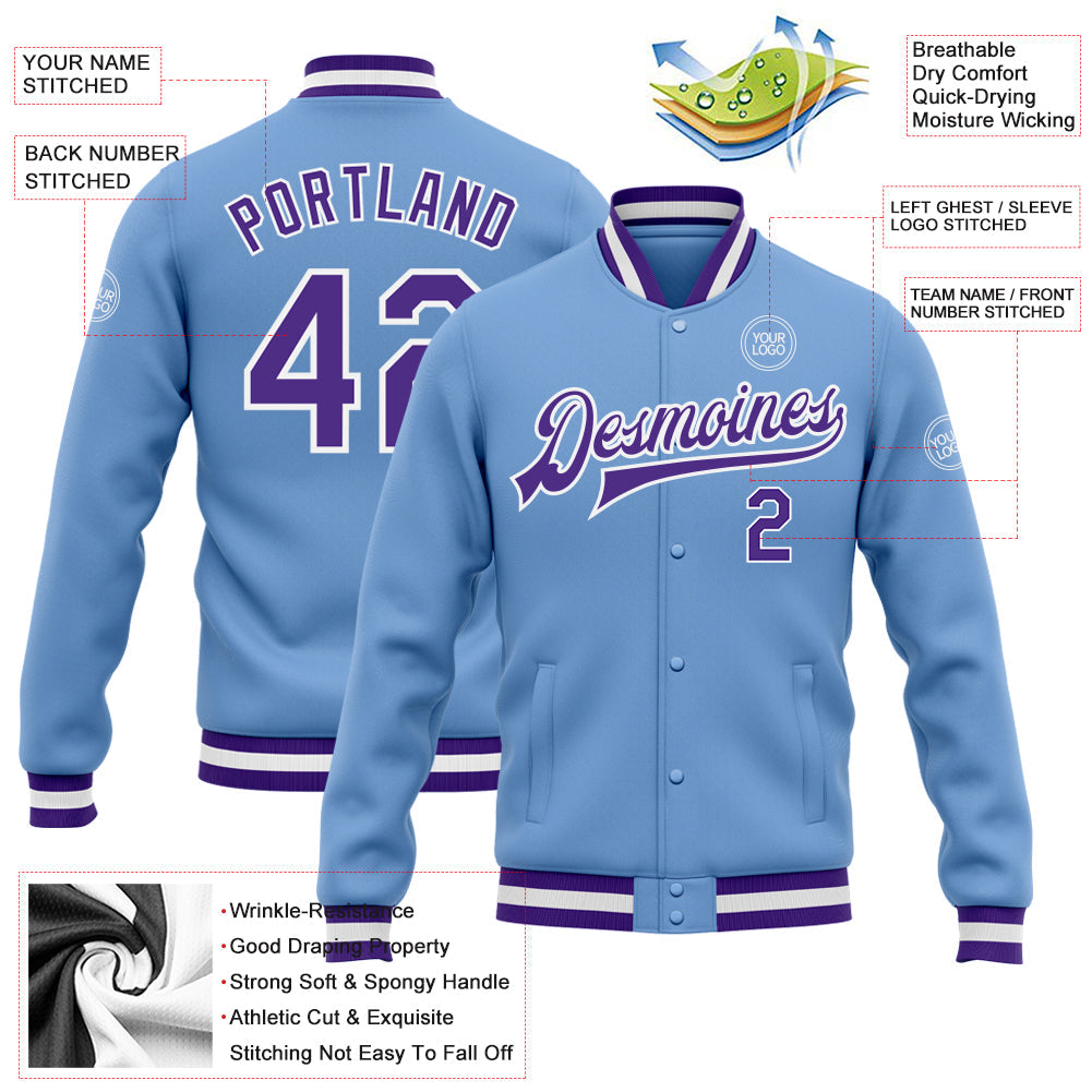 Custom Light Blue Purple-White Bomber Full-Snap Varsity Letterman Jacket view 5