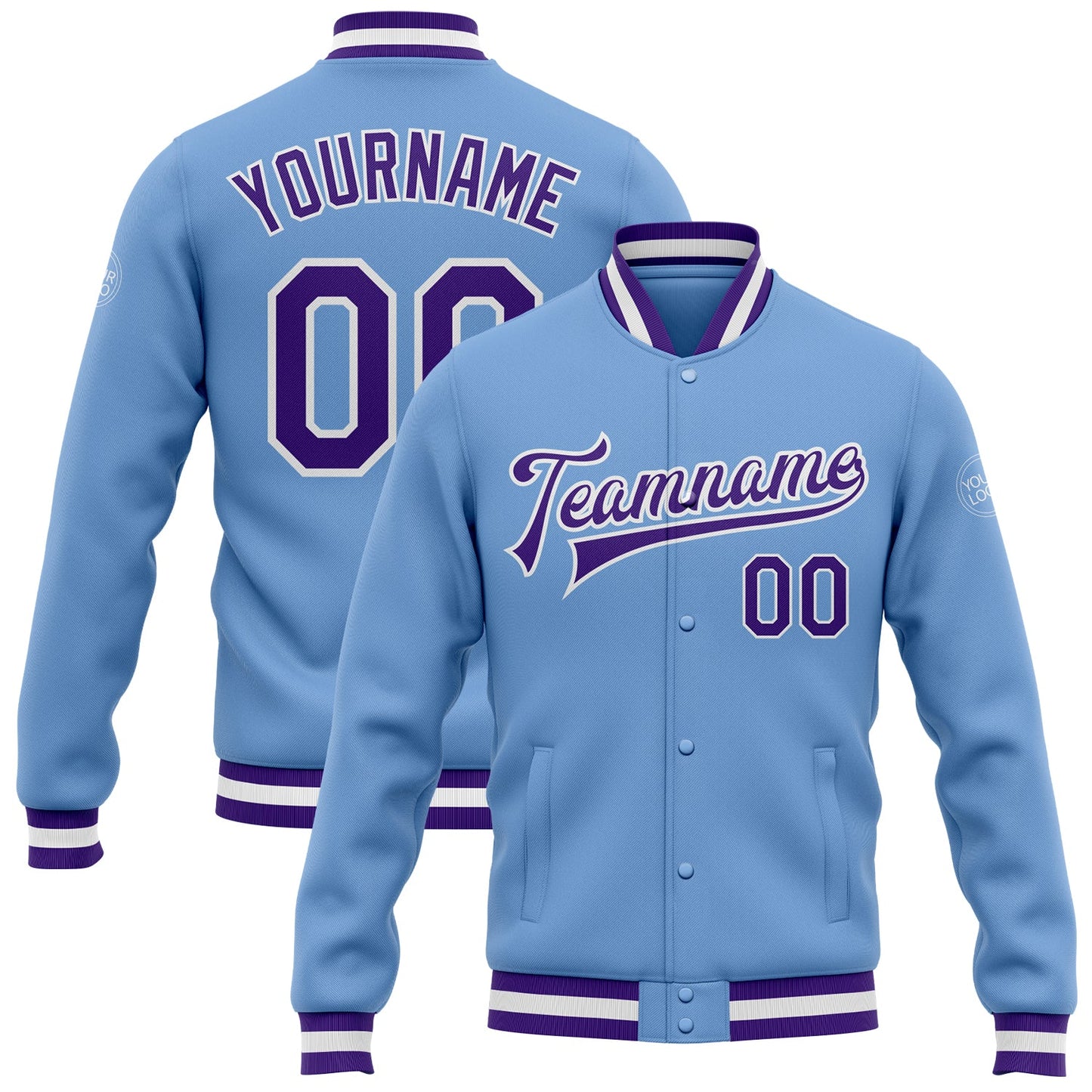Custom Light Blue Purple-White Bomber Full-Snap Varsity Letterman Jacket - Main View