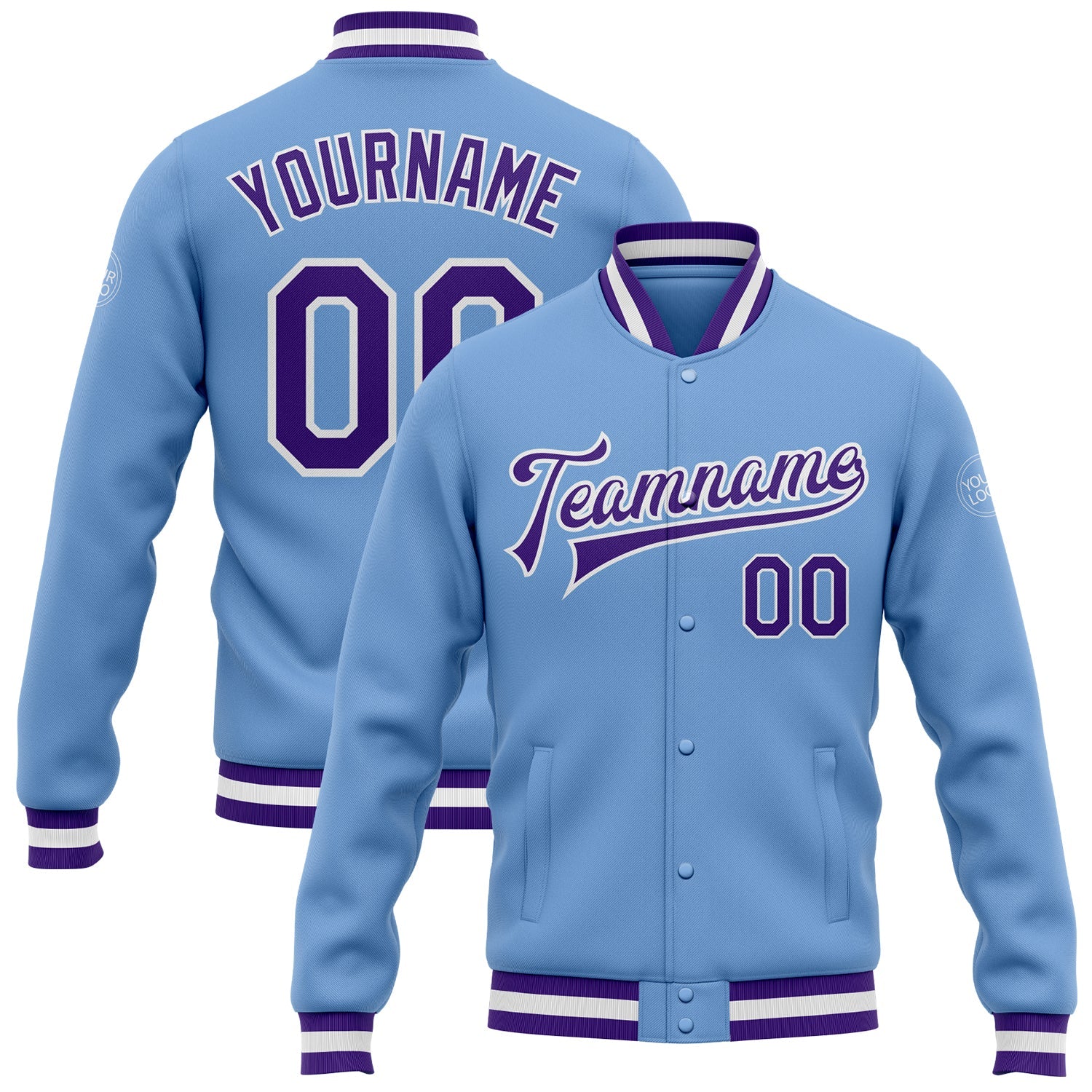 Custom Light Blue Purple-White Bomber Full-Snap Varsity Letterman Jacket - Main View