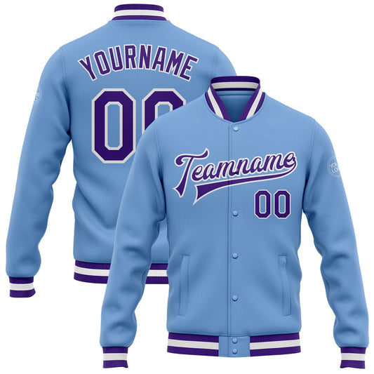 Custom Light Blue Purple-White Bomber Full-Snap Varsity Letterman Jacket - Main View
