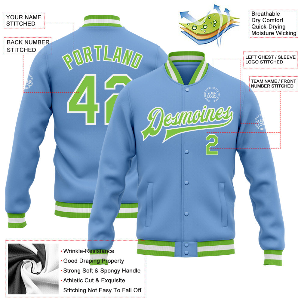 Custom Light Blue Neon Green-White Bomber Full-Snap Varsity Letterman Jacket view 5