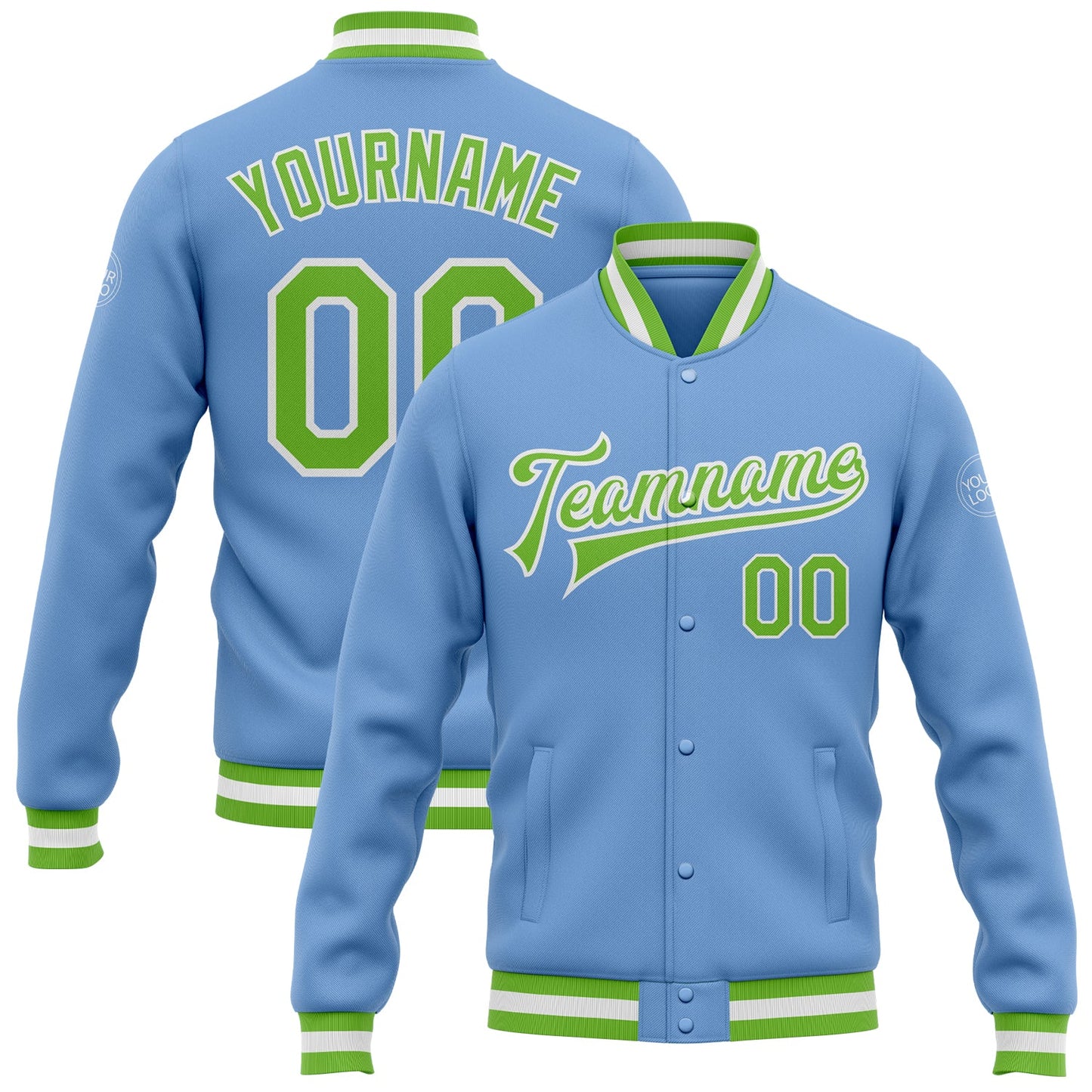 Custom Light Blue Neon Green-White Bomber Full-Snap Varsity Letterman Jacket - Main View