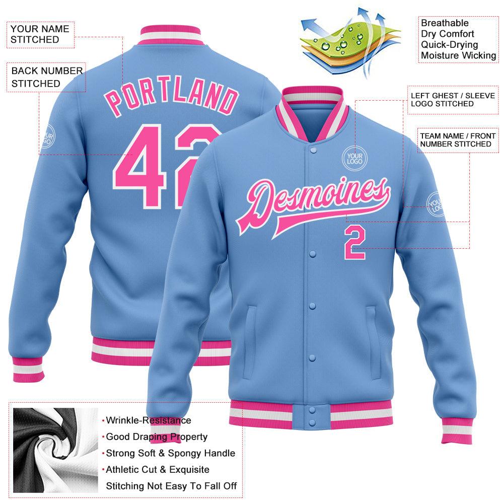 Custom Light Blue Pink-White Bomber Full-Snap Varsity Letterman Jacket view 5
