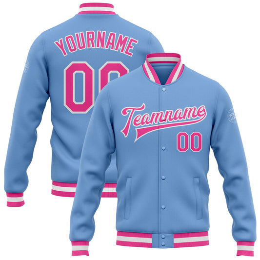 Custom Light Blue Pink-White Bomber Full-Snap Varsity Letterman Jacket - Main View
