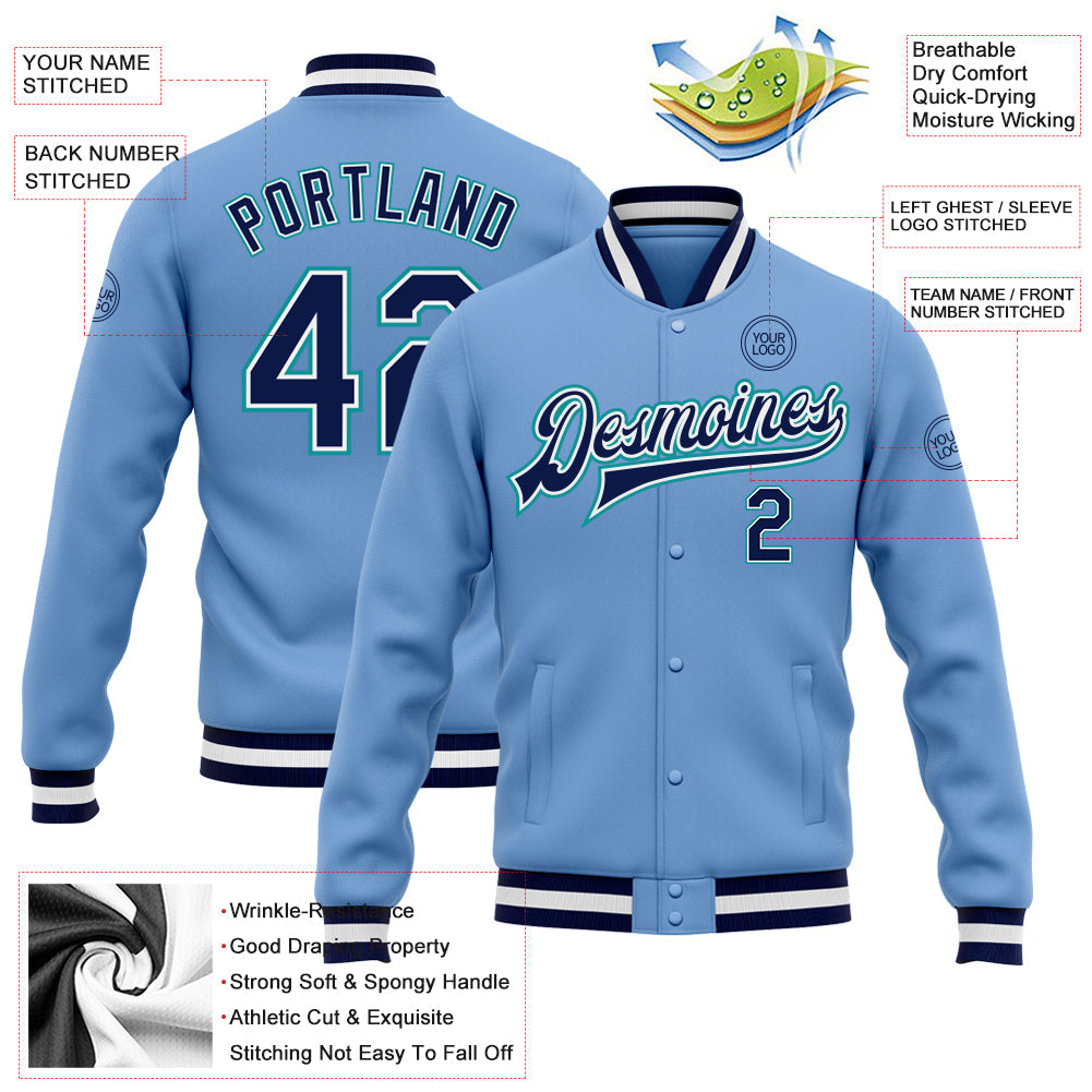 Custom Light Blue Navy-Aqua Bomber Full-Snap Varsity Letterman Jacket view 5