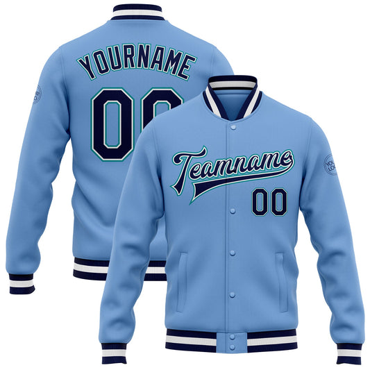 Custom Light Blue Navy-Aqua Bomber Full-Snap Varsity Letterman Jacket - Main View
