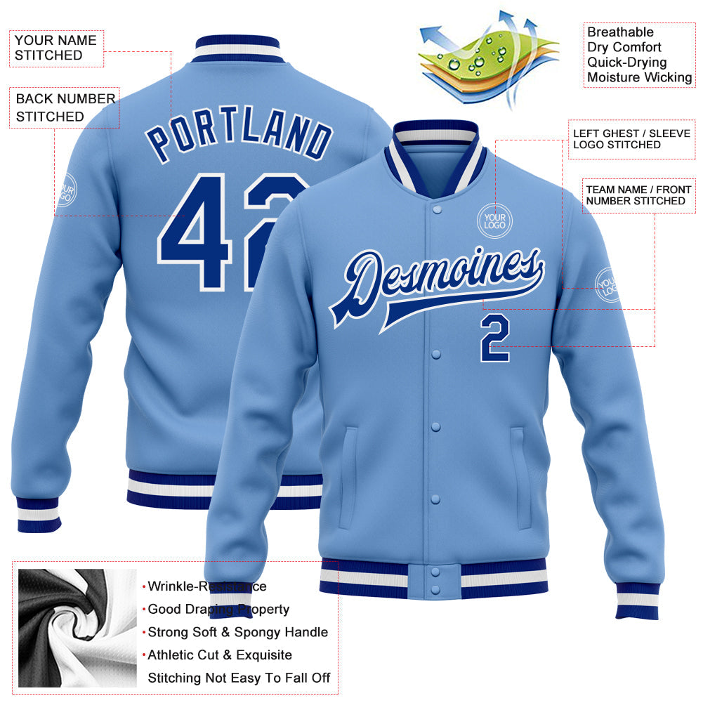 Custom Light Blue Royal-White Bomber Full-Snap Varsity Letterman Jacket view 5