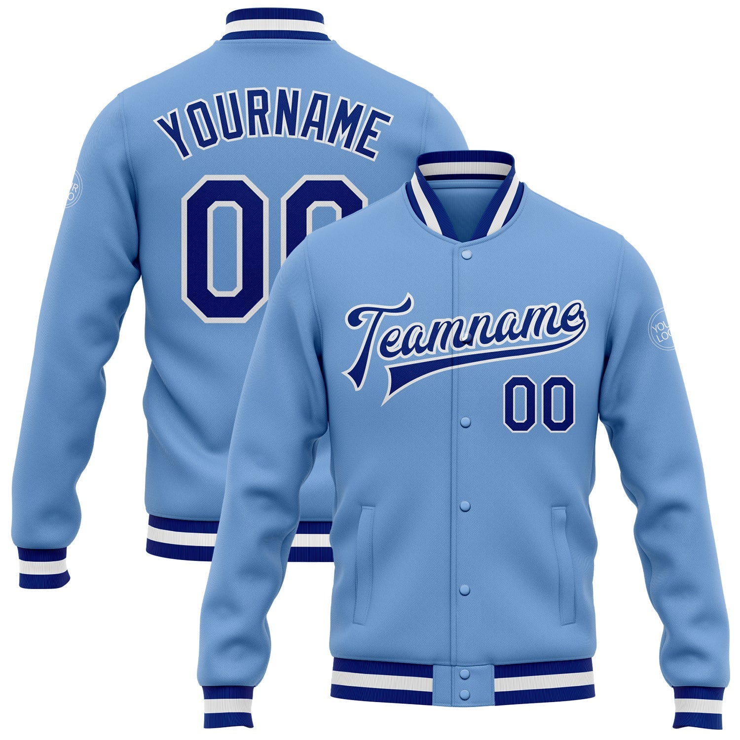 Custom Light Blue Royal-White Bomber Full-Snap Varsity Letterman Jacket - Main View