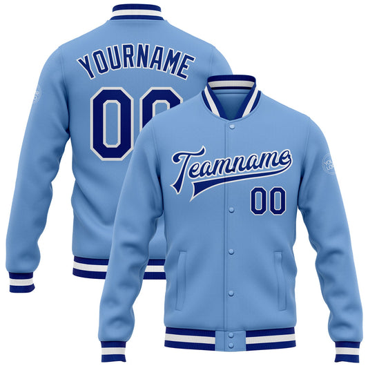 Custom Light Blue Royal-White Bomber Full-Snap Varsity Letterman Jacket - Main View