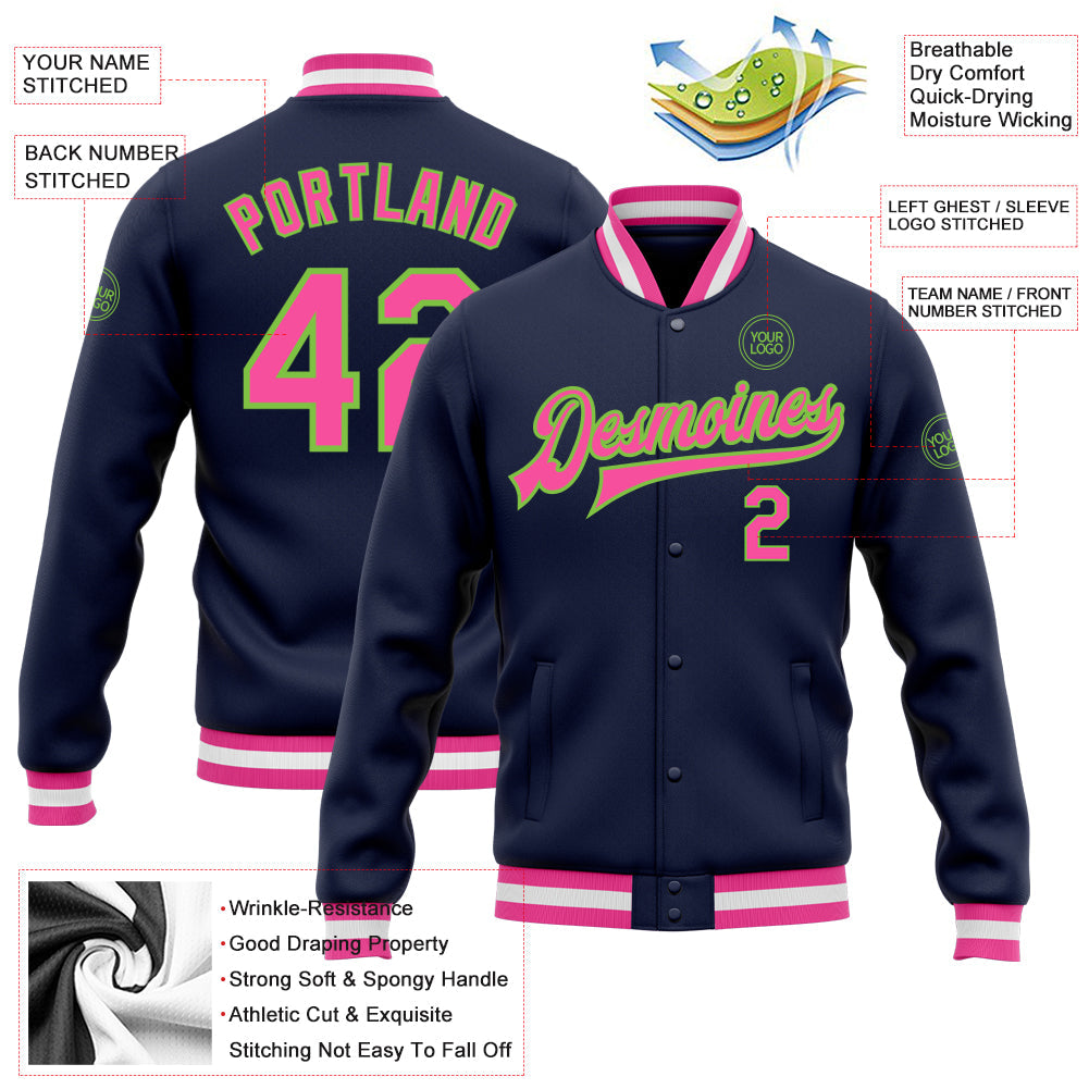 Custom Navy Pink-Neon Green Bomber Full-Snap Varsity Letterman Jacket view 5