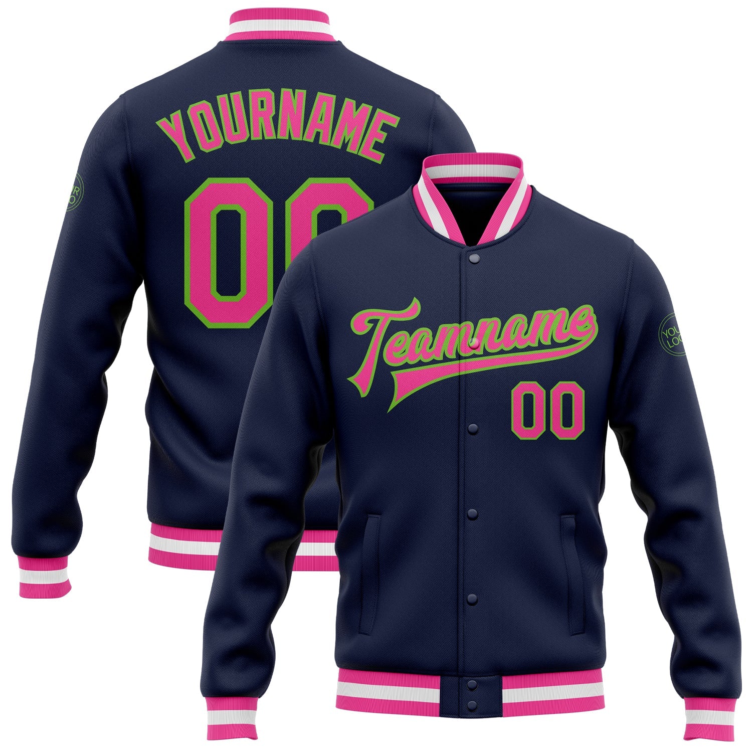Custom Navy Pink-Neon Green Bomber Full-Snap Varsity Letterman Jacket - Main View