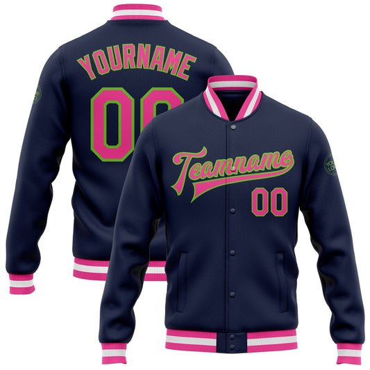 Custom Navy Pink-Neon Green Bomber Full-Snap Varsity Letterman Jacket - Main View